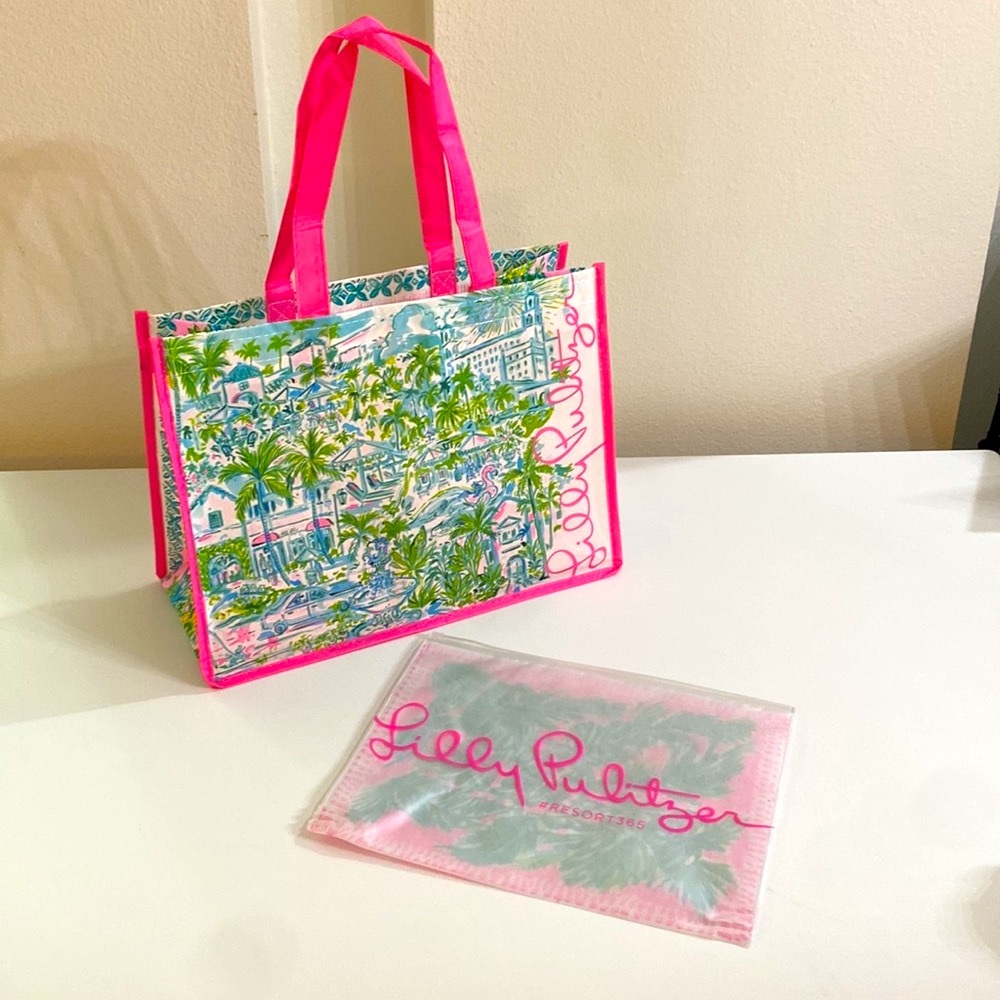 Lilly Pulitzer Pink and Green Tote Bag with zipper punch